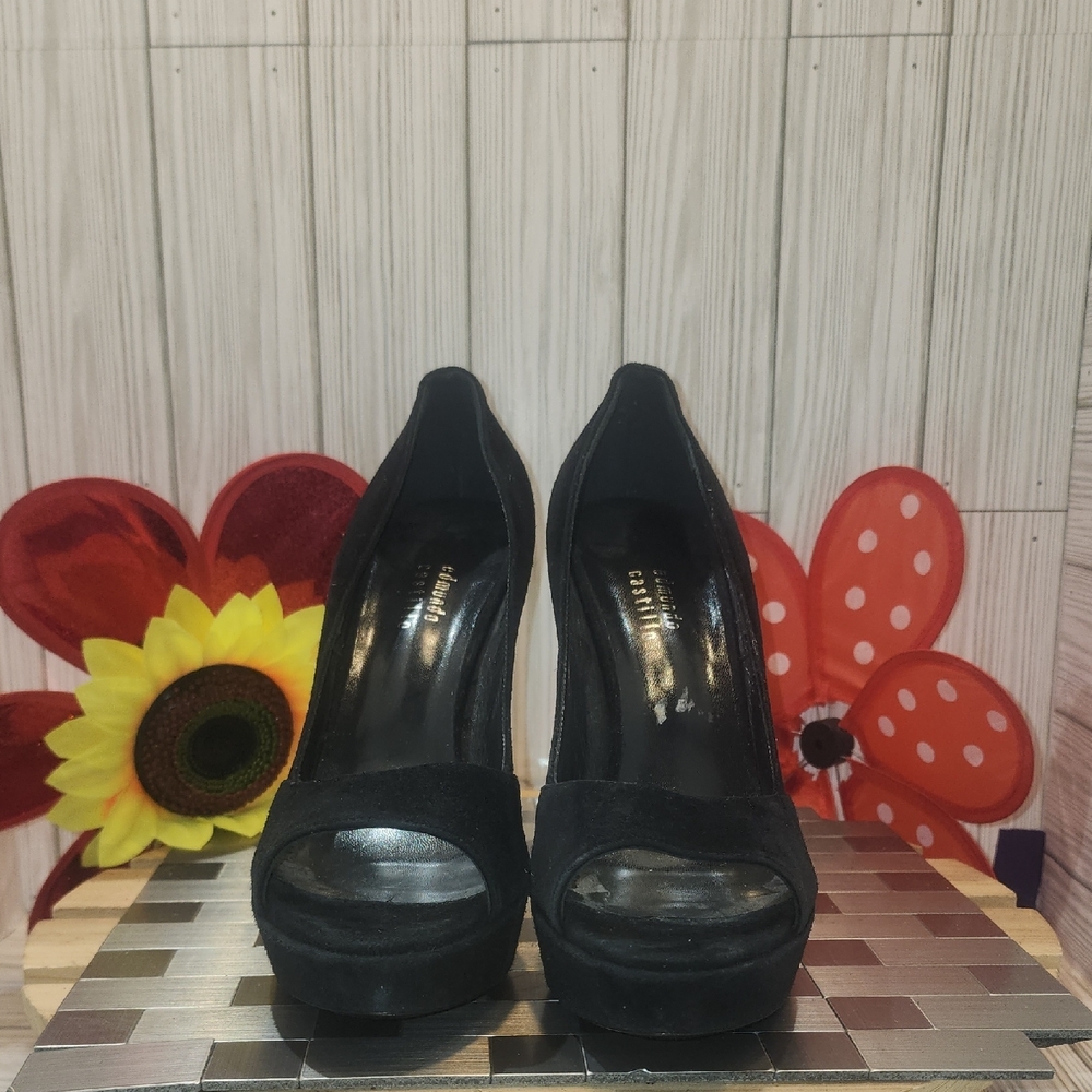 Edmundo Castillo Elegant Black Suede Peep-Toe Heels - Picture 2 of 9